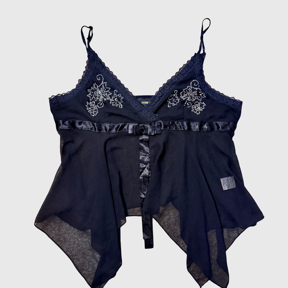 Women's Scudetto Lingerie Lace Black Top Beaded Tank VTG Y2K Goth Bow SZ L